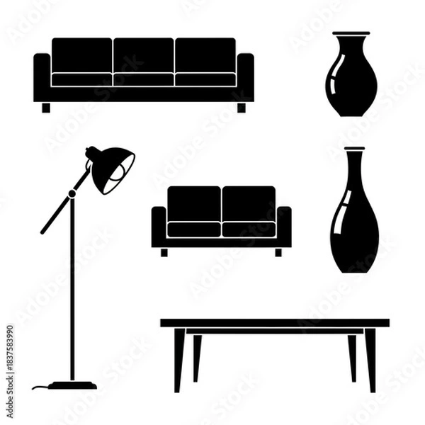 Obraz Modern minimalist living room furniture set featuring sofas, floor lamp, coffee table, and decorative vases for interior design concepts