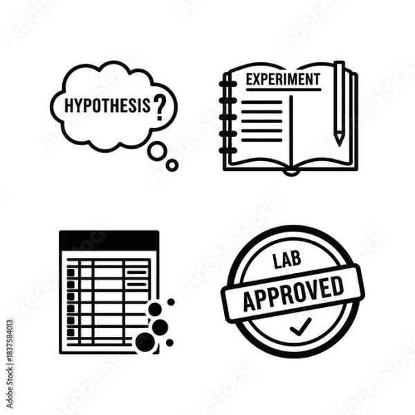 Obraz Essential science icons detailing hypothesis testing research data recording and guaranteed laboratory approval for research projects