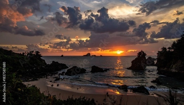 Fototapeta Beach sunset with dramatic clouds