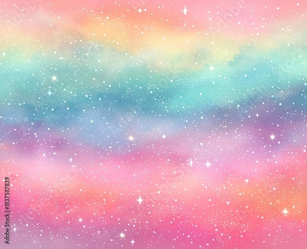 Fototapeta A dreamy atmosphere of colorful clouds illuminated by radiant stars in a serene cosmic haze