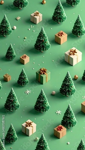 Fototapeta Holiday pattern trees & gift boxes