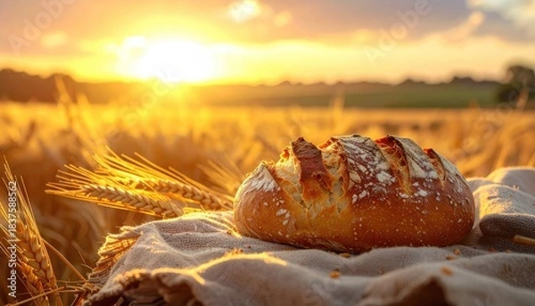 Fototapeta Golden bread in wheat field at sunset