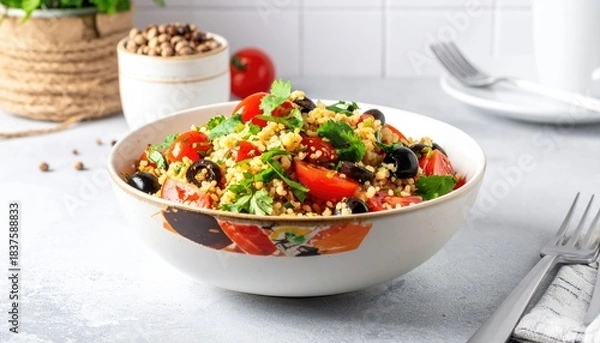 Fototapeta Couscous salad with tomatoes & olives