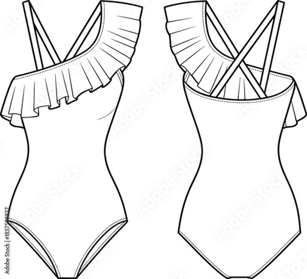 Obraz Technical flat sketch of one-piece swimsuit, asymmetrical ruffle strap crisscross back design, fashion template, garment construction drawing, apparel illustration, vector outline