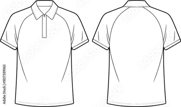 Obraz Technical flat sketch of polo shirt, raglan sleeve collar design, fashion template, garment construction drawing, apparel illustration, vector outline, button placket details