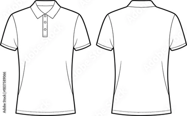 Obraz Technical flat sketch of polo shirt, short sleeve collar button placket cuff detail design, fashion template, garment construction drawing, apparel illustration, vector outline