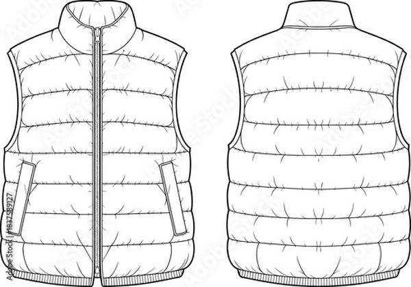 Obraz Technical flat sketch of puffer vest, sleeveless high collar quilted design, fashion template, garment construction drawing, apparel illustration, vector outline, side pockets