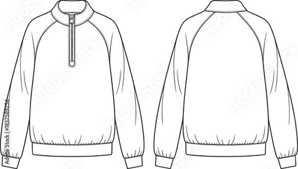 Obraz Technical flat sketch of raglan pullover, partial zip stand collar design, fashion template, garment construction drawing, apparel illustration, vector outline, elastic hem
