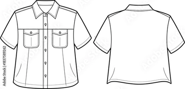 Obraz Technical flat sketch of short sleeve shirt, flap pocket vertical seam design, fashion template, garment construction drawing, apparel illustration, vector outline