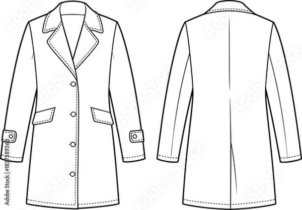 Obraz Technical flat sketch of tailored coat, notched lapel flap pocket vented back design, fashion template, garment construction drawing, apparel illustration, vector outline