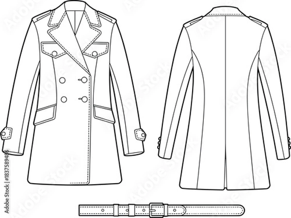 Obraz Technical flat sketch of trench coat, double-breasted flap pocket belt design, fashion template, garment construction drawing, apparel illustration, vector outline, epaulet detail