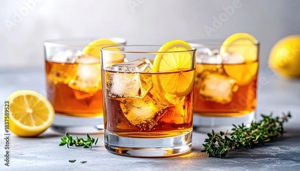 Fototapeta Three drinks with lemon and ice