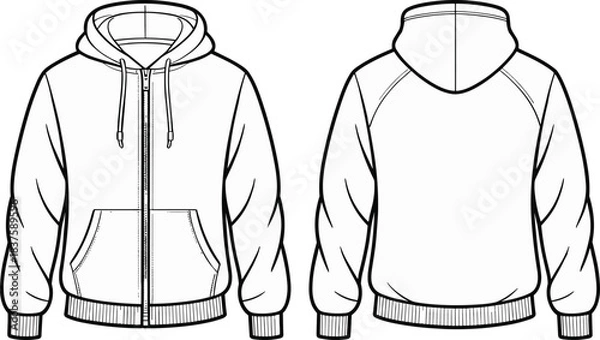 Obraz Technical hoodie drawing, front and back view, fashion design, garment illustration, sweatshirt sketch, apparel template, hoodie construction, clothing blueprint, raglan sleeve, zip-up style