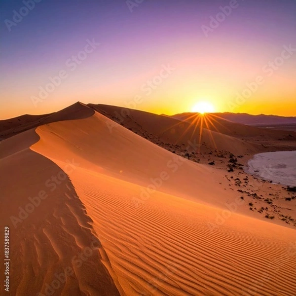 Fototapeta Desert dune with sunburst at horizon