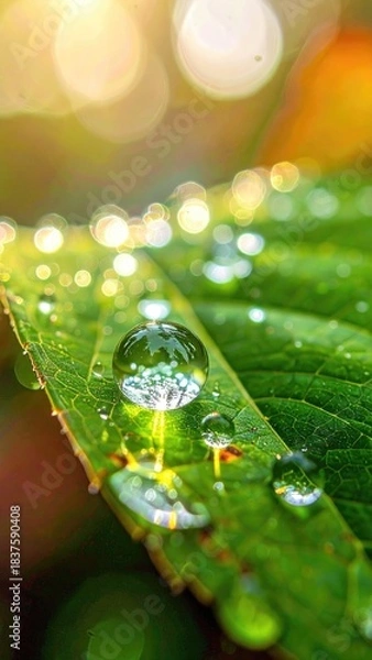 Fototapeta Waterdrops on bright green leaf