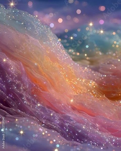 Fototapeta Gentle ocean of starlight waves blending warm peach, violet, and aqua hues in soft serenity