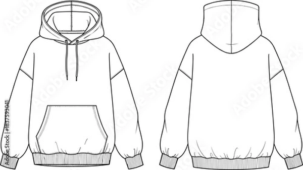 Obraz Unisex Oversized Hoodie Technical Fashion Drawing Vector Illustration Featuring Drawstring Hood, Kangaroo Pocket, Dropped Shoulders, Ribbed Trims, Front and Back View, Apparel Mockup.