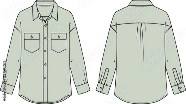Obraz Unisex Oversized Long Sleeve Utility Shirt Technical Fashion Flat Sketch Template, Featuring Classic Collar, Flap Chest Pockets, and Dropped Shoulders, Front and Back View Outline Drawing.