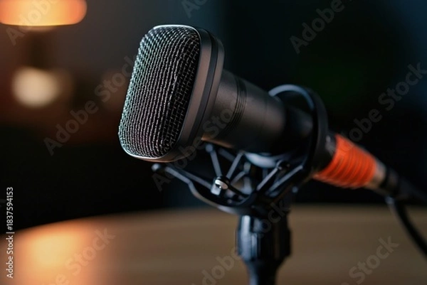 Obraz A sleek wireless microphone placed on a podcast table