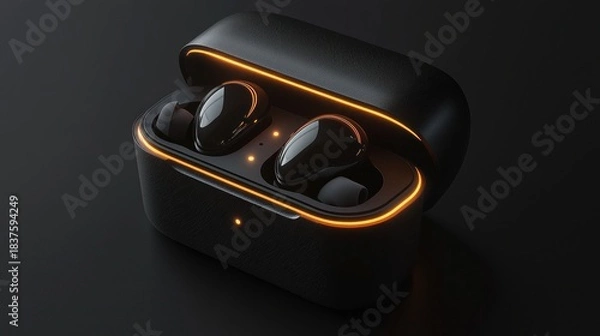 Obraz A sleek wireless earbud case with LED indicator glowing