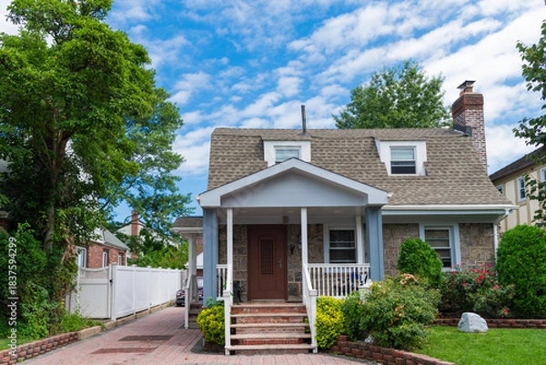 Obraz Suburban neighborhood. Suburban house architecture. Private house. Neighborhood architecture. Property in neighborhood. Residential property house. Residence architecture. House exterior
