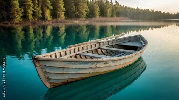 Obraz Barque en Bois au Bord d’un Lac Calme
