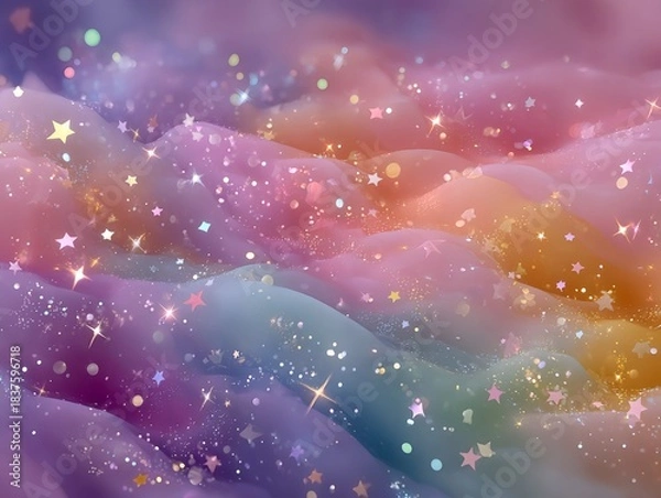 Fototapeta Soft pastel sky filled with glittering stars and flowing rainbow gradients that shimmer in gentle light