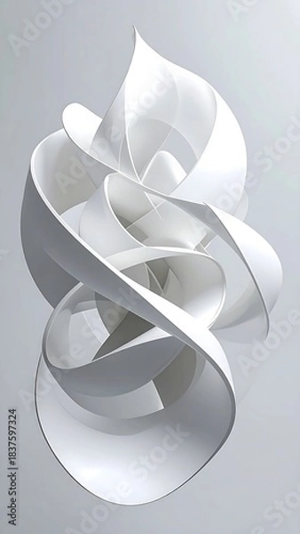 Fototapeta Elegant, twisted white ribbon sculpture on a soft gray backdrop
