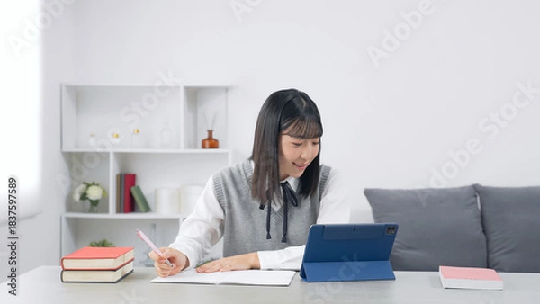 Obraz タブレットPCを使って勉強する女子学生