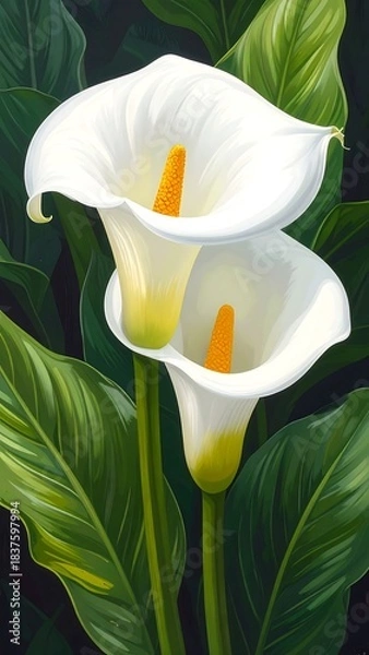 Fototapeta Elegant vertical art of two white calla lilies with vibrant green leaves background