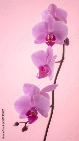 Fototapeta Elegant, vertical orchid stem with blossoms against a soft, pink background in studio shot