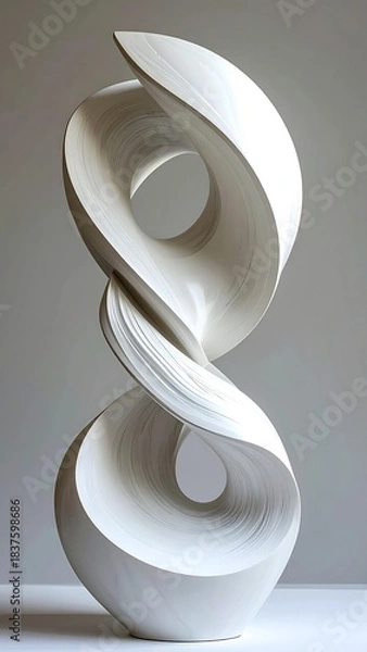 Fototapeta Elegant white abstract sculpture twists and curves against a soft, neutral background