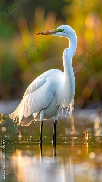 Fototapeta Elegant white egret standing in shallow water, backlit by warm golden light