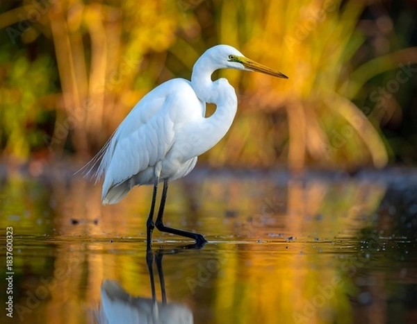 Fototapeta Elegant white heron stands in shallow water with soft, warm, autumnal backdrop