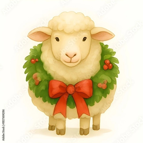 Obraz Schaf mit Weihnachtskranz Wallpaper - Weihnachtliches Schaf - Schaf Winter Illustration - Winter Tier Hintergrundbild