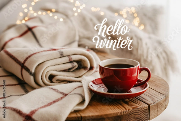 Obraz Cozy winter scene with a red cup of coffee and a warm blanket on a wooden table with soft bokeh lights creating a relaxing and inviting atmosphere.