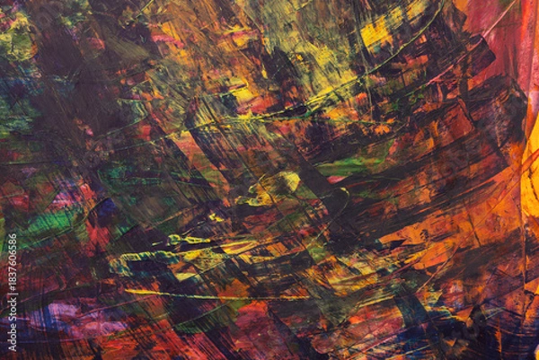 Fototapeta Abstract vivid colorful brush stroke patterns blend together to form a dynamic textured artistic grunge styled painted background	