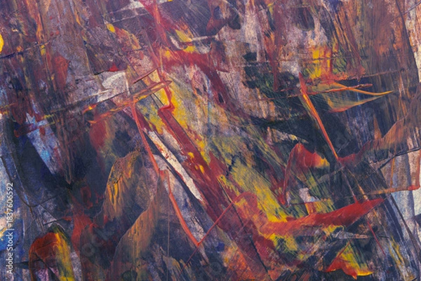 Fototapeta Abstract vivid colorful brush stroke patterns blend together to form a dynamic textured artistic grunge styled painted background	