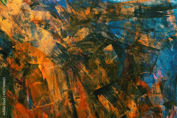 Fototapeta Abstract vivid colorful brush stroke patterns blend together to form a dynamic textured artistic grunge styled painted background	