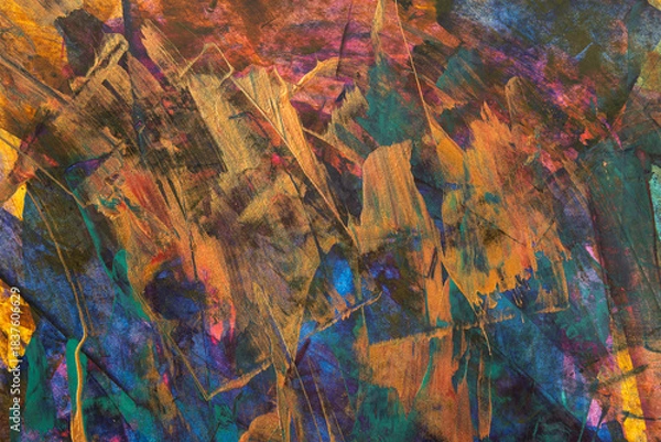 Fototapeta Abstract vivid colorful brush stroke patterns blend together to form a dynamic textured artistic grunge styled painted background	