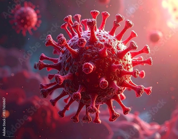 Fototapeta Close-up of microscopic red pathogens, in an atmospheric, illuminated setting