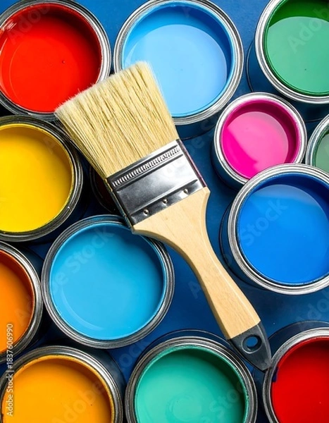 Fototapeta Close-up of open paint cans with a paintbrush, arranged on a blue surface