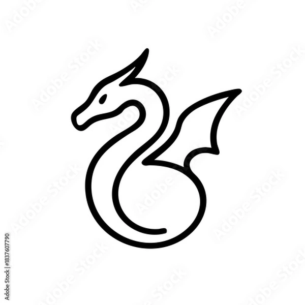 Fototapeta Dragon silhouette made of continuous monoline stroke, elegant curves