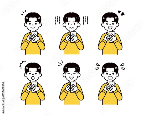 Obraz スマートフォンを操作する、いろいろな表情の10代の男性・男子学生のベクターイラスト素材セット