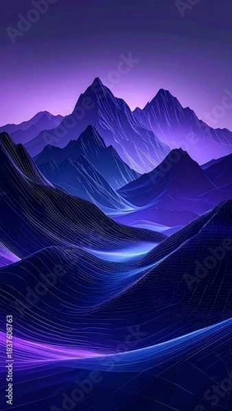 Fototapeta Digitally rendered landscape of mountains in shades of purple and blue