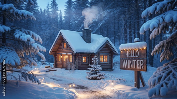Obraz Cozy cabin nestled in a snowy winter forest with a "Hello Winter" sign and warm lights creating a magical holiday atmosphere for seasonal greetings.