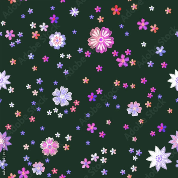 Obraz Embroidery seamless pattern. Flowers on black background. 