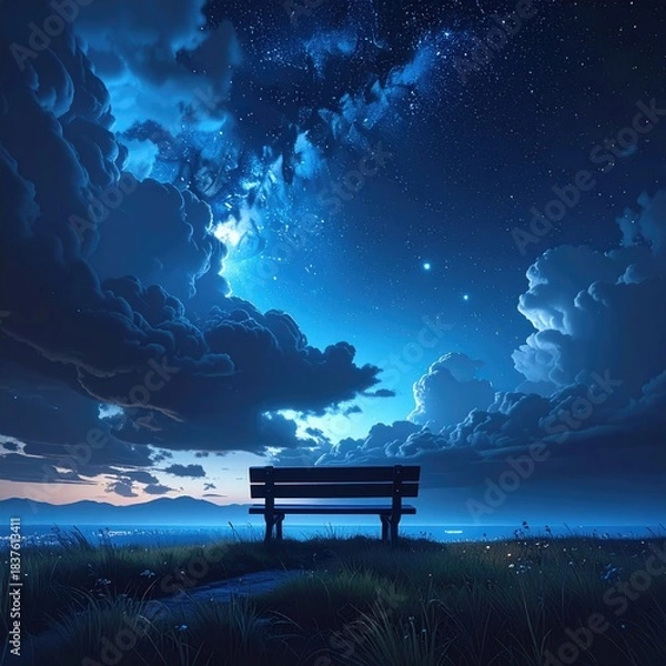 Obraz Night sky view with a bench
