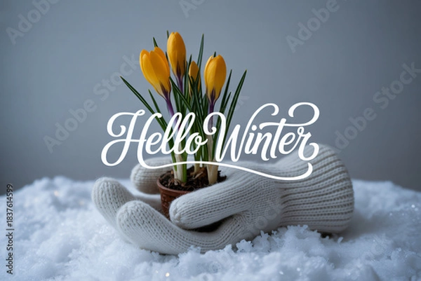 Obraz Crocus flowers in a pot held by mittens with "Hello Winter" text overlayed on a snowy background conveying a seasonal greeting and the arrival of winter.