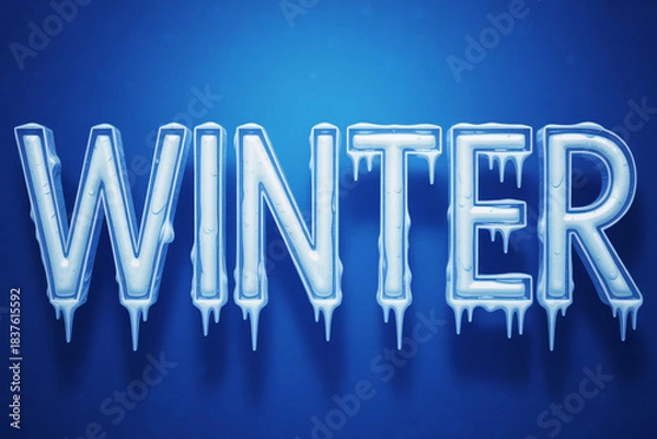 Obraz Icy winter typography with frozen letters and icicles against a cool blue gradient background perfect for seasonal and holiday promotions.
